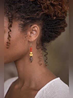 Handcrafted Beaded Earrings - Red, Yellow, Brown